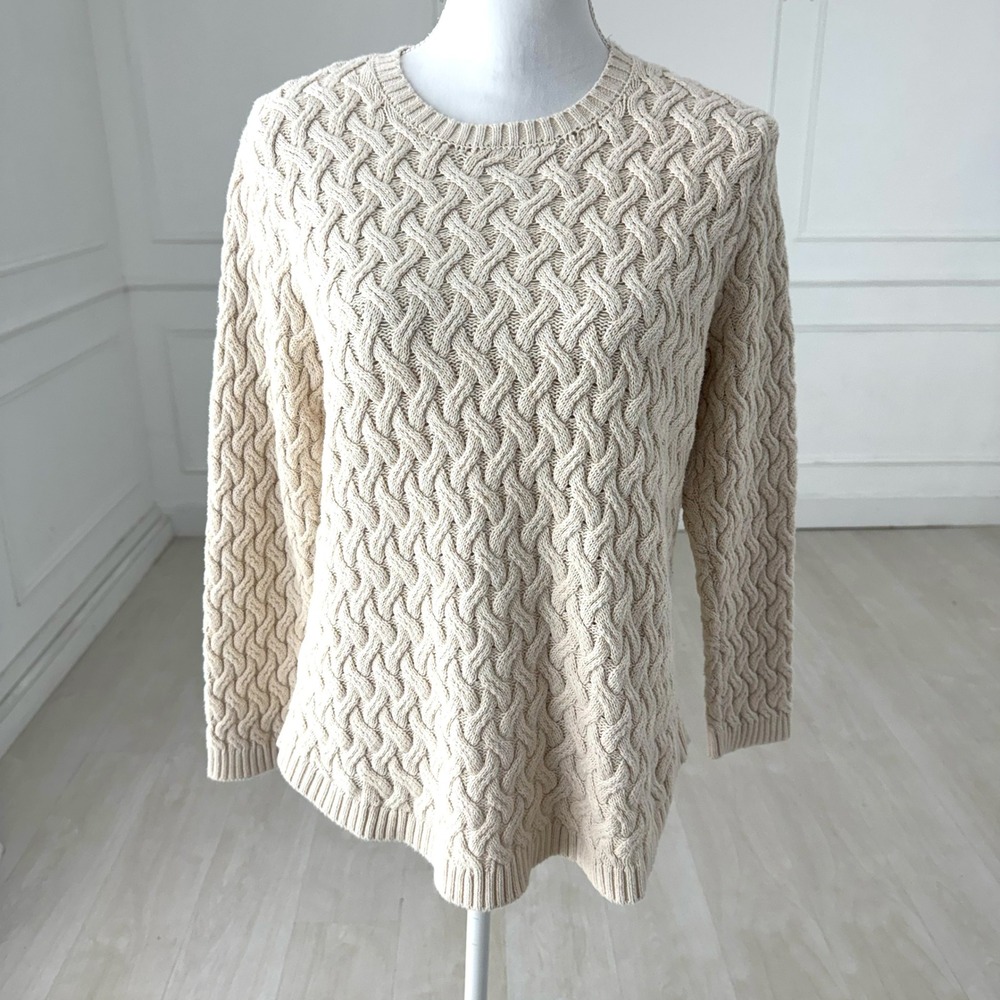 Jeanne Pierre Womens XL Cream Beige 100% Cotton Cable Knit Crew Neck Sweater